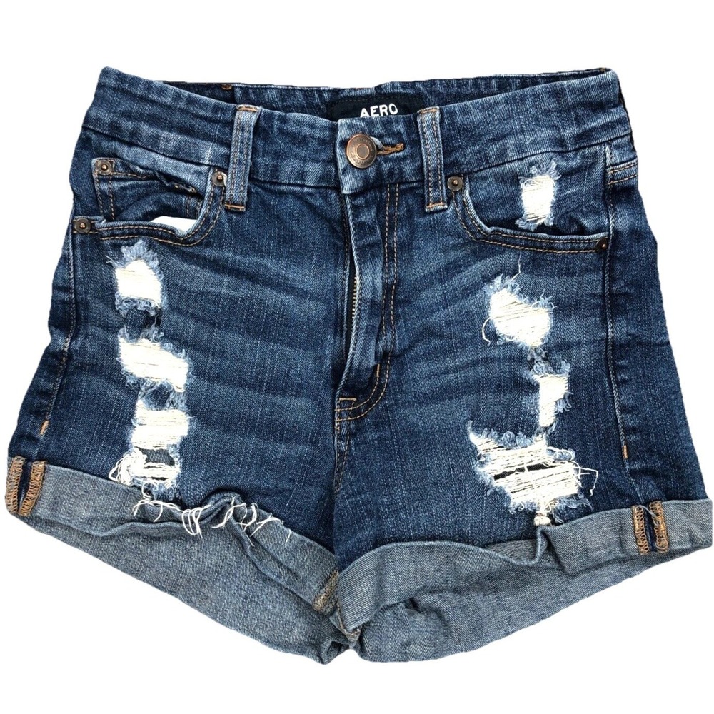 Aero Shorts Women 2 Midi High Rise Curvy Blue Jean Dark Faded Out Ripped Holes - Picture 1 of 8